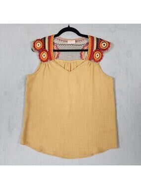 Hailey & Co Crochet Yoke Floral Tank Top Womens S Boho Sleeveless Blouse